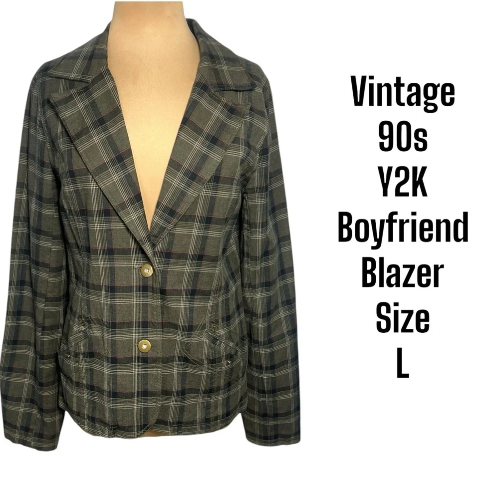 Vintage 90s Y2K Green Plaid Boyfriend Blazer Oversized Preppy Dark Academia